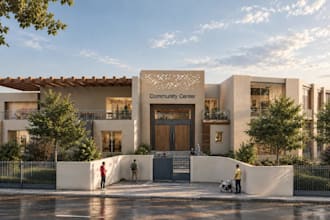 create mexican community house,3d building exterior render,wooden pergola design