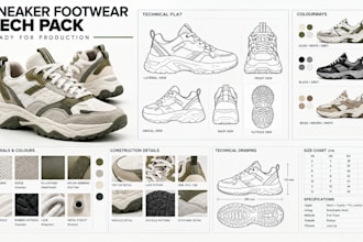 create detailed sneaker footwear tech pack ready for production