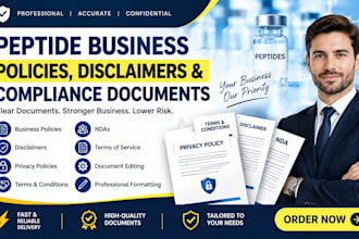 draft peptide disclaimers, compliance document, policies, and agreements