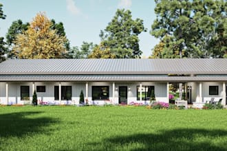 modern barn house,modular home,3d photomontage,landscape aerial render,vr tour