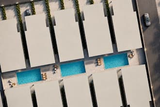 model 3d rooftop housing layout, provide aerial view render for modern row villa