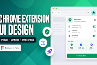 design a clean chrome extension popup, settings page and onboarding UI in figma
