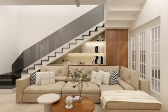 cater living room interior,l shaped kitchen,sleeping area,3dvisual for marketing