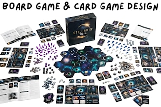 design board game, card game, tabletop game assets and rulebook layout