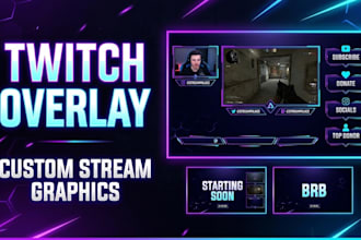 design a custom twitch overlay, kick overlay stream package and animated overlay
