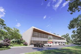 remodel logistics center concept, modern minimalist facility, parking lot render