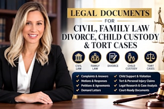 draft legal documents for civil, family, divorce, child custody and tort cases