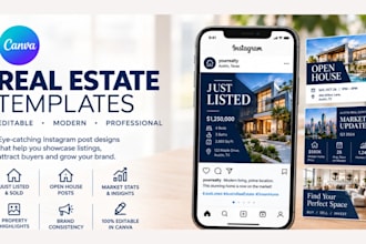 design editable real estate canva templates and post graphics as canva VA, SMM