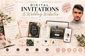 design digital wedding invitations, birthday invites and wedding websites