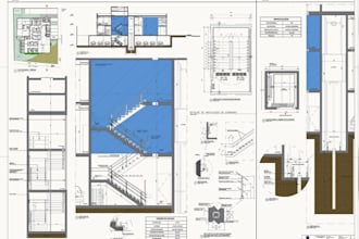 draft detailed staircase lift and architectural construction drawings in autocad
