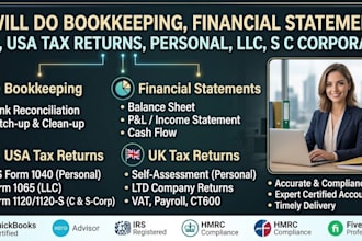 do bookkeeping,financial statement,UK,USA tax returns,personal,llc,s c corporate