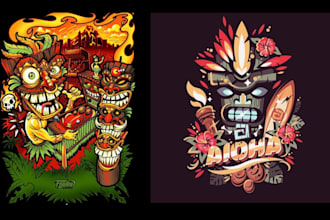 design custom tiki, hawaiian, tropical, or surf t shirt illustration