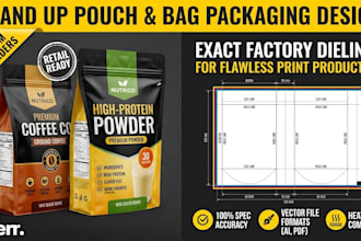 design custom stand up pouch packaging, pouch dielines, and flexible bags