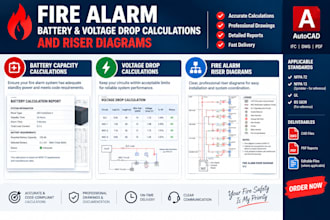 prepare fire alarm battery and voltage drop calculations and riser diagrams