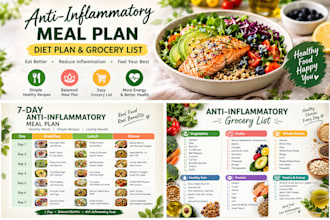 create an anti inflammatory diet plan, healthy recipes and grocery list