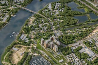 visualize 3d coastal real estate, site plan, urban masterplan, canal waterfronts