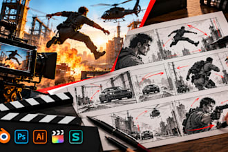 feature film action storyboard, cinematic shot planning and scene breakdown