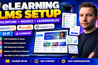 setup elearning course on talentlms, learnworlds, moodle lms, h5p and learndash