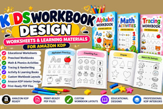 do kids workbook design, kid worksheet layout, learning materials design for kdp