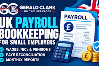 do UK payroll bookkeeping, reconcile paye, record wages, nics and pensions hmrc