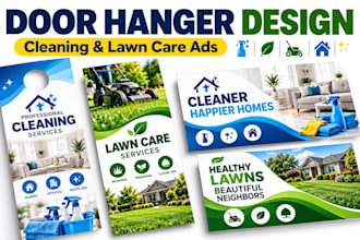design door hanger, rack card, postcard and flyer for cleaning and lawn care ads