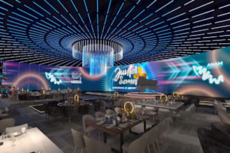 luxury restaurant interior, event venue, 3d stage design, led iight installation
