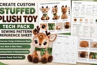 create custom stuffed plush toy tech pack sewing pattern reference sheet