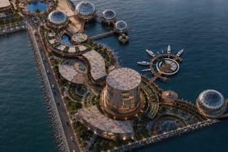 aerial view landscape 3d masterplan,coastal waterfront,cultural center,d5 render