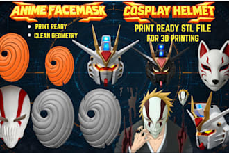 sculpt 3d anime mask design, cosplay helmet, wearable face mask for 3d printing