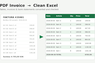 convert PDF invoices, bank statements or tables to clean excel