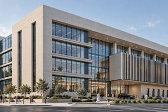 cgi photorealistic 3d commercial office exterior,building facade,interior layout