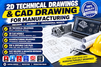 draw 2d technical drawing and cad drawing for manufacturing
