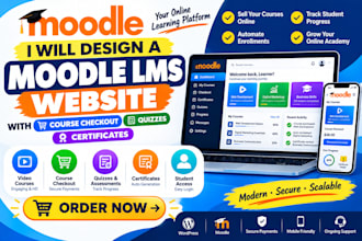 design a moodle lms website with course checkout quizzes and certificates