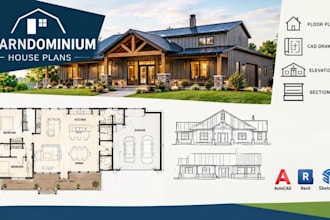 create barndominium house plans with open layouts and architectural cad drawings