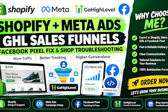 shopify meta ads, ghl sales funnel and fix facebook pixel shop approval