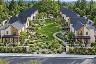 render3d residential community,modern townhouse,tiny home,biophilic garden decor