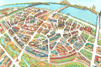 draw a watercolor custom map and landmark illustration