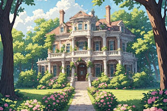 draw watercolor wedding venue, house, landscape