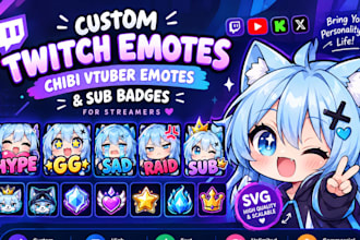 design custom twitch emotes, chibi vtuber emotes and sub badges for streamers