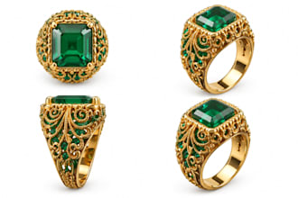 design 3d cad emerald gold ring, filigree, rendering for manufacturing