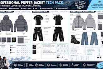 design professional puffer jacket tech pack for winter clothing manufacturing