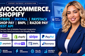 woocommerce, shopify, stripe paypal paystack  shop pay bnpl, razorpay rest API