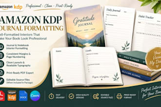 amazon KDP journal formatting, workbook layout, planner design and canva designs