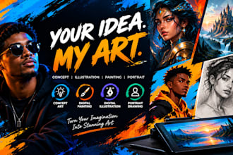draw any concept act, digital painting, digital illustration and protrait