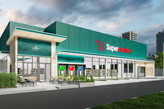 create 3d supermarket interior, grocery store, retail food mart, store front