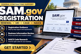 assist with sam gov registration, renewal, cage code, naics code and uei setup