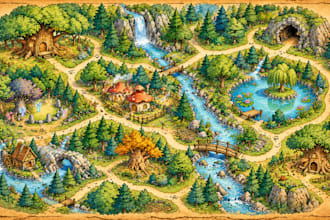 illustrate enchanted forest maps for childrens books
