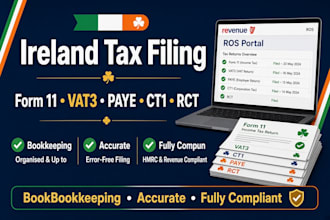 file ireland tax returns on ros form 11, vat3, paye prsi, ct1 and rct