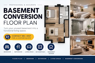 create basement conversion floor plans with bedroom, bathroom, and living space