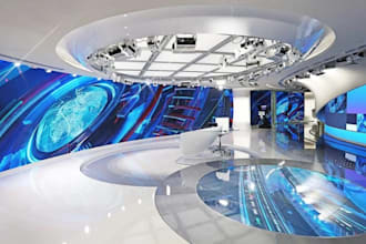 design a 3d TV studio, broadcast studio, podcast and talk show set
